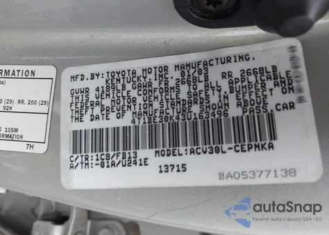 2003 Toyota Camry Le from USA, damaged, VIN 4T1BE30K43U163496